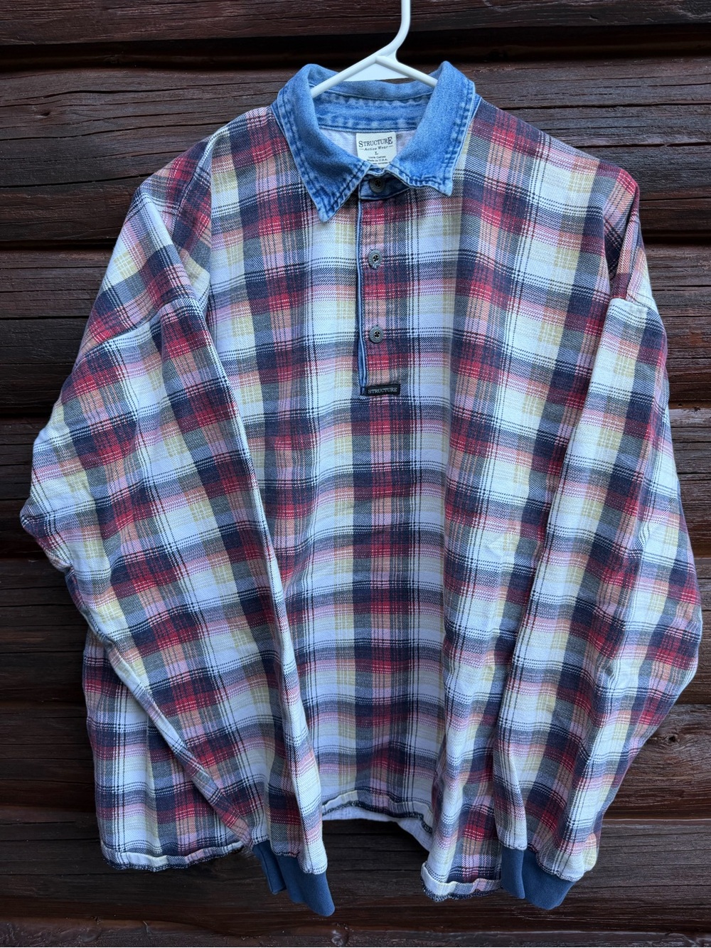 Vintage 90s Structure Plaid Flannel Rugby Pullover Denim Collar Shirt Mens Large
